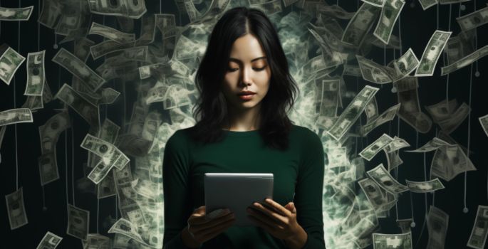 Girl with a tablet against the background of money